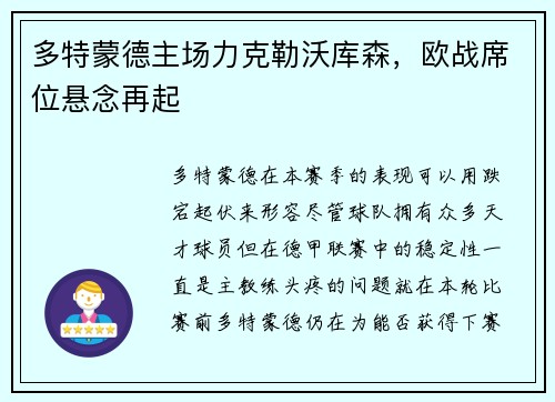 多特蒙德主场力克勒沃库森，欧战席位悬念再起