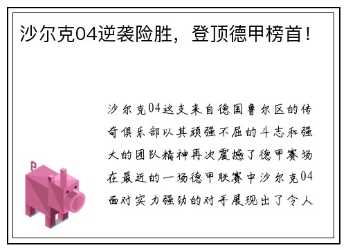 沙尔克04逆袭险胜，登顶德甲榜首！