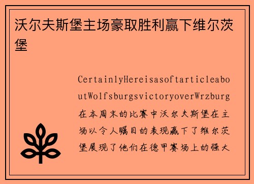 沃尔夫斯堡主场豪取胜利赢下维尔茨堡